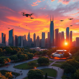 An imaginative and vibrant city skyline at sunset, showcasing a multitude of futuristic skyscrapers with glass facades reflecting the vivid orange and purple hues of the sky