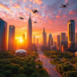 An imaginative and vibrant city skyline at sunset, showcasing a multitude of futuristic skyscrapers with glass facades reflecting the vivid orange and purple hues of the sky