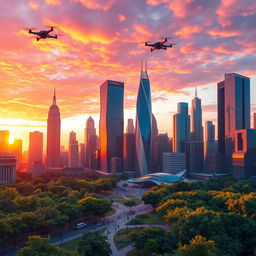 An imaginative and vibrant city skyline at sunset, showcasing a multitude of futuristic skyscrapers with glass facades reflecting the vivid orange and purple hues of the sky
