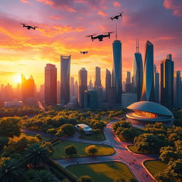 An imaginative and vibrant city skyline at sunset, showcasing a multitude of futuristic skyscrapers with glass facades reflecting the vivid orange and purple hues of the sky