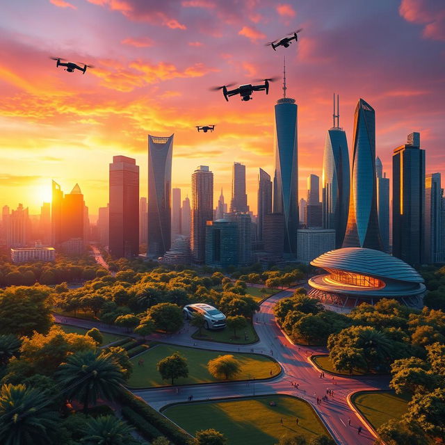 An imaginative and vibrant city skyline at sunset, showcasing a multitude of futuristic skyscrapers with glass facades reflecting the vivid orange and purple hues of the sky