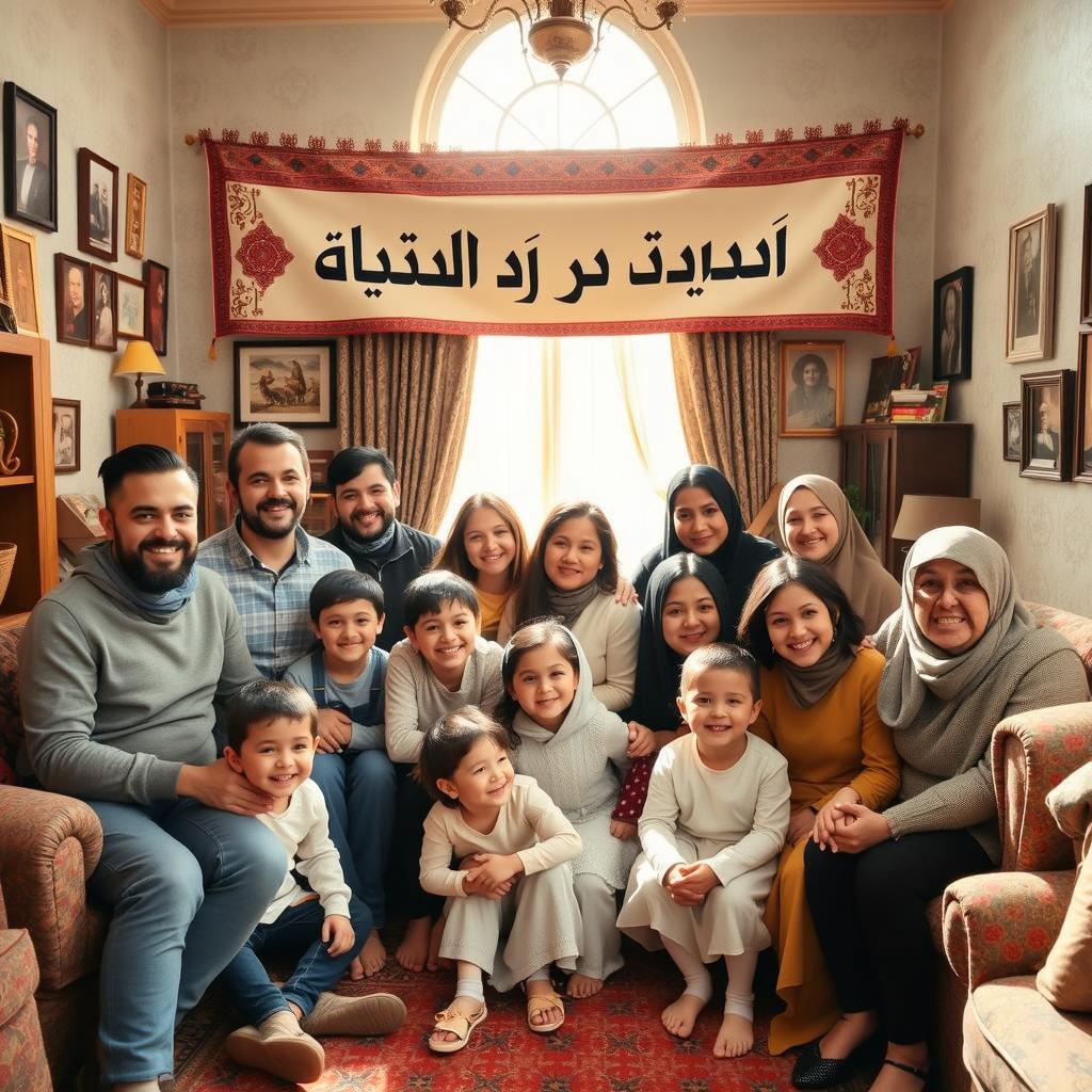 A large family portrait in a cozy room filled with vintage decor and family pictures on the walls