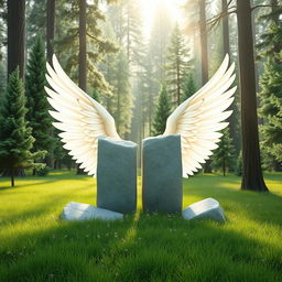 A serene scene depicting two white wings elegantly embracing two rectangular stones that are firmly embedded in lush green ground
