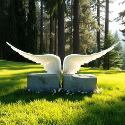 A serene scene depicting two white wings elegantly embracing two rectangular stones that are firmly embedded in lush green ground