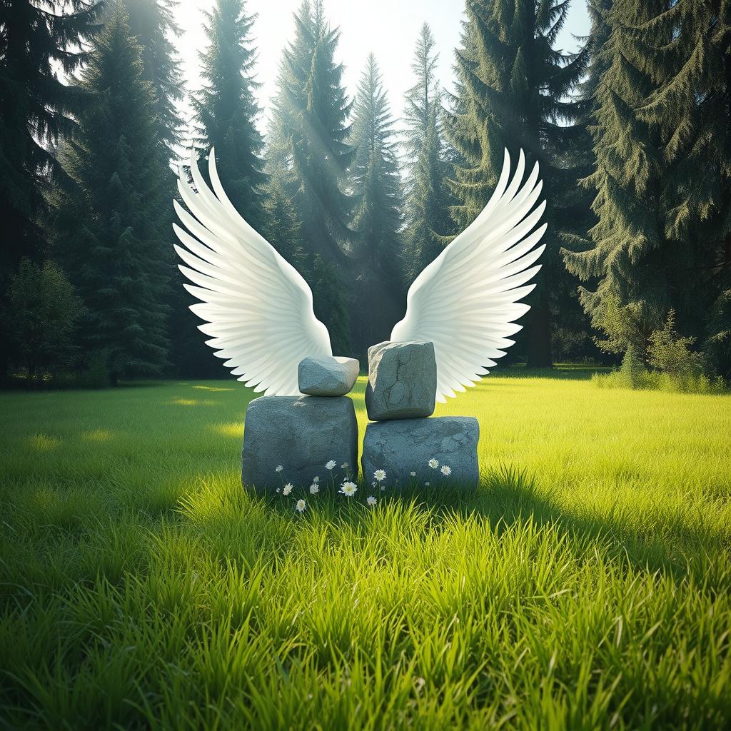 A serene scene depicting two white wings elegantly embracing two rectangular stones that are firmly embedded in lush green ground
