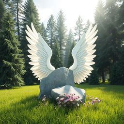 A serene scene depicting two white wings elegantly embracing two rectangular stones that are firmly embedded in lush green ground