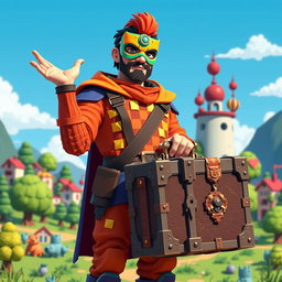 A pixel-art style man wearing a colorful costume, holding a large, ornate case