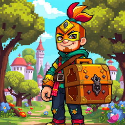 A pixel-art style man wearing a colorful costume, holding a large, ornate case