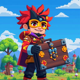 A pixel-art style man wearing a colorful costume, holding a large, ornate case