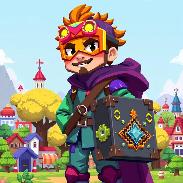 A pixel-art style man wearing a colorful costume, holding a large, ornate case