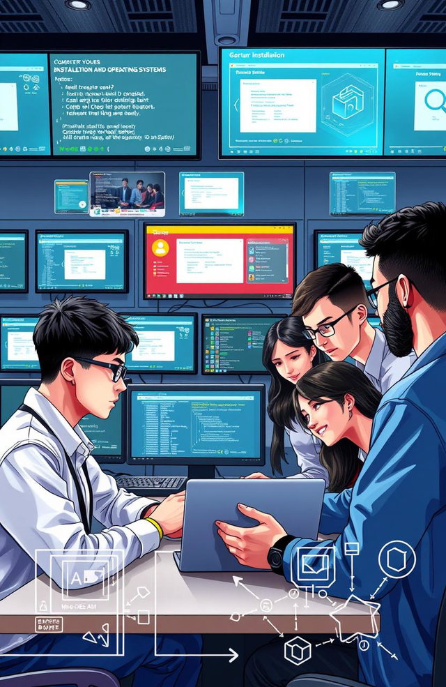 A detailed illustration of a virtual laboratory setup designed for computer installation and operating systems practical learning