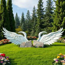A serene landscape design featuring two elegant white wings embracing two rectangular stones that are embedded in the lush green ground
