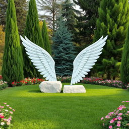 A serene landscape design featuring two elegant white wings embracing two rectangular stones that are embedded in the lush green ground
