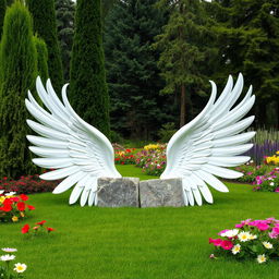 A serene landscape design featuring two elegant white wings embracing two rectangular stones that are embedded in the lush green ground