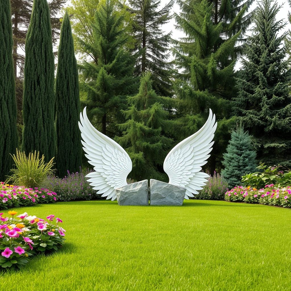A serene landscape design featuring two elegant white wings embracing two rectangular stones that are embedded in the lush green ground