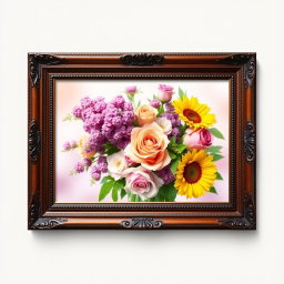 A beautiful framed wall art piece featuring a vibrant bouquet of various flowers including roses, lilacs, and sunflowers, arranged artistically