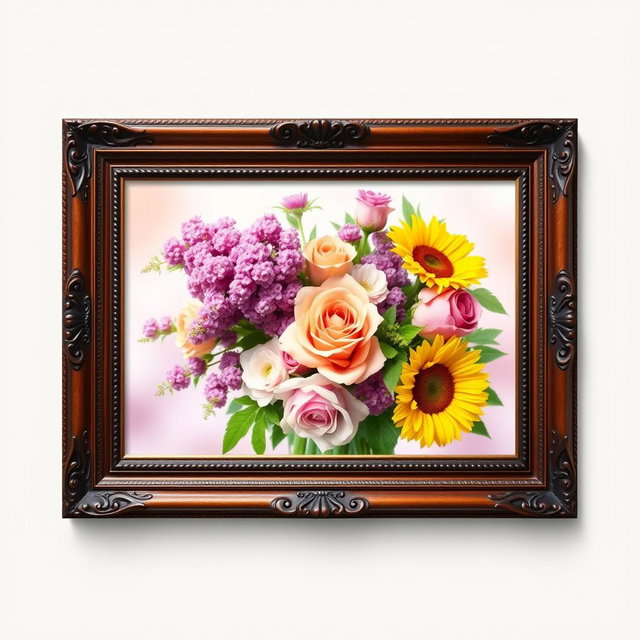 A beautiful framed wall art piece featuring a vibrant bouquet of various flowers including roses, lilacs, and sunflowers, arranged artistically