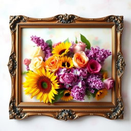 A beautiful framed wall art piece featuring a vibrant bouquet of various flowers including roses, lilacs, and sunflowers, arranged artistically