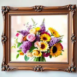 A beautiful framed wall art piece featuring a vibrant bouquet of various flowers including roses, lilacs, and sunflowers, arranged artistically