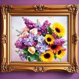 A beautiful framed wall art piece featuring a vibrant bouquet of various flowers including roses, lilacs, and sunflowers, arranged artistically