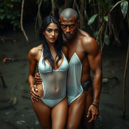 A full-length intimate photo shoot featuring a stunning 22-year-old Arab woman in a transparent white wet monokini, showcasing her sexy boobs, hot navel, and seductive thighs