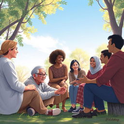 A serene and comforting scene that illustrates the concept of leading with empathy, depicting a diverse group of individuals in a quiet community gathering, showing active listening and support