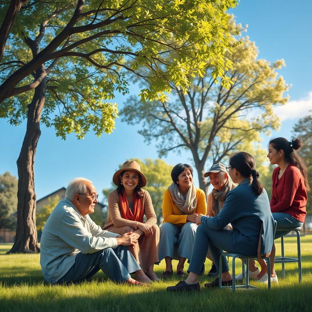 A serene and comforting scene that illustrates the concept of leading with empathy, depicting a diverse group of individuals in a quiet community gathering, showing active listening and support