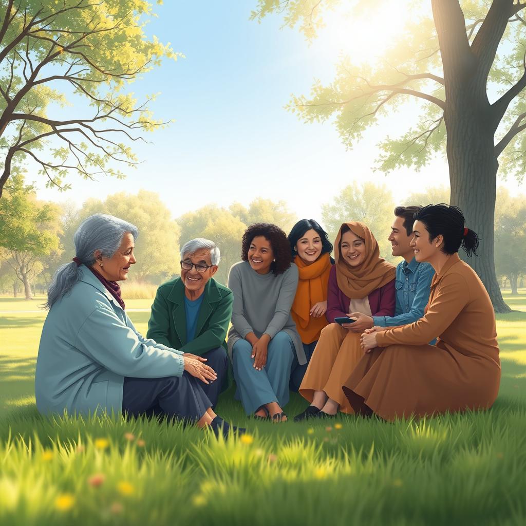 A serene and comforting scene that illustrates the concept of leading with empathy, depicting a diverse group of individuals in a quiet community gathering, showing active listening and support