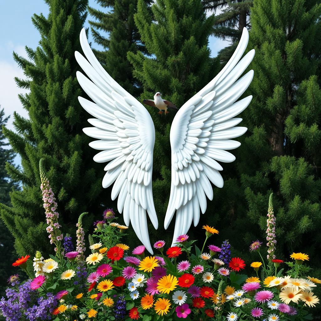 A beautiful design featuring two graceful white wings, elegantly displayed amidst a lush setting