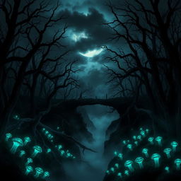 A dark, eerie forest at night filled with twisted, gnarled trees reaching towards a moon obscured by heavy, ominous clouds