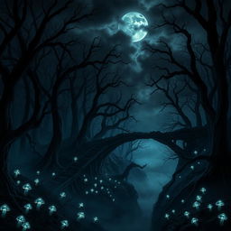 A dark, eerie forest at night filled with twisted, gnarled trees reaching towards a moon obscured by heavy, ominous clouds