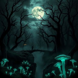 A dark, eerie forest at night filled with twisted, gnarled trees reaching towards a moon obscured by heavy, ominous clouds