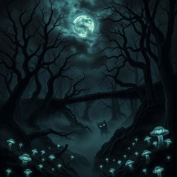 A dark, eerie forest at night filled with twisted, gnarled trees reaching towards a moon obscured by heavy, ominous clouds