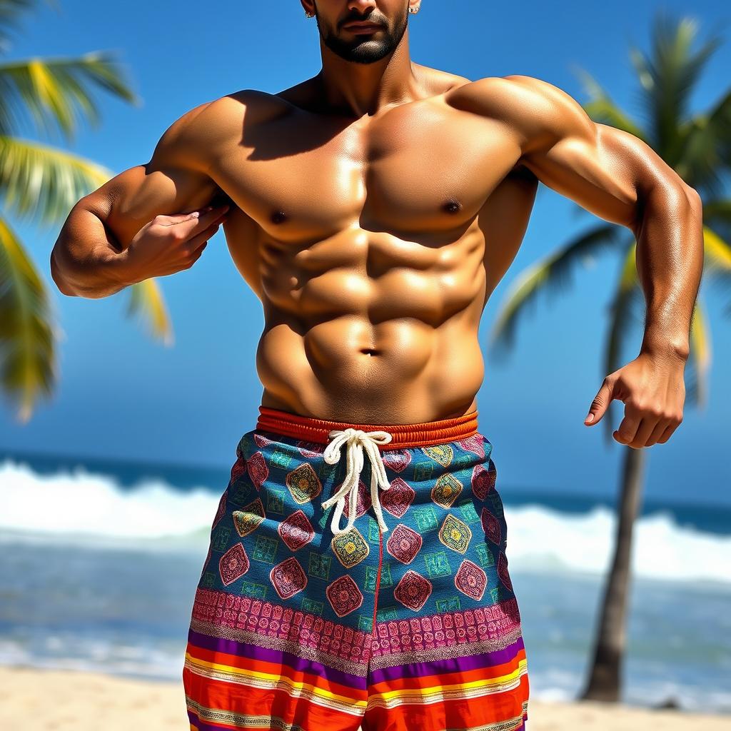 A muscular male figure wearing colorful traditional chaddi shorts, showcasing a confident pose