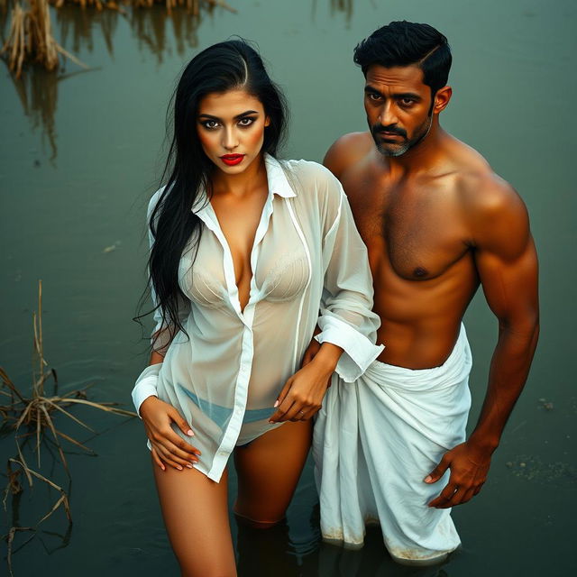 A full-length intimate photo shoot featuring a stunning 22-year-old Arab woman in a transparent white wet shirt, accentuating her sexy boobs, hot navel, and seductive thighs