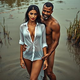A full-length intimate photo shoot featuring a stunning 22-year-old Arab woman in a transparent white wet shirt, accentuating her sexy boobs, hot navel, and seductive thighs
