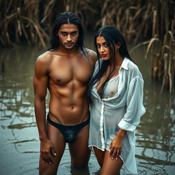 A full-length intimate photo shoot featuring a stunning 22-year-old Arab woman in a transparent white wet shirt, accentuating her sexy boobs, hot navel, and seductive thighs