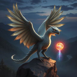 A mythical creature that is a fusion of an eagle and a dragon, featuring majestic wings that combine the feathered elegance of an eagle with the scaly, powerful feel of a dragon