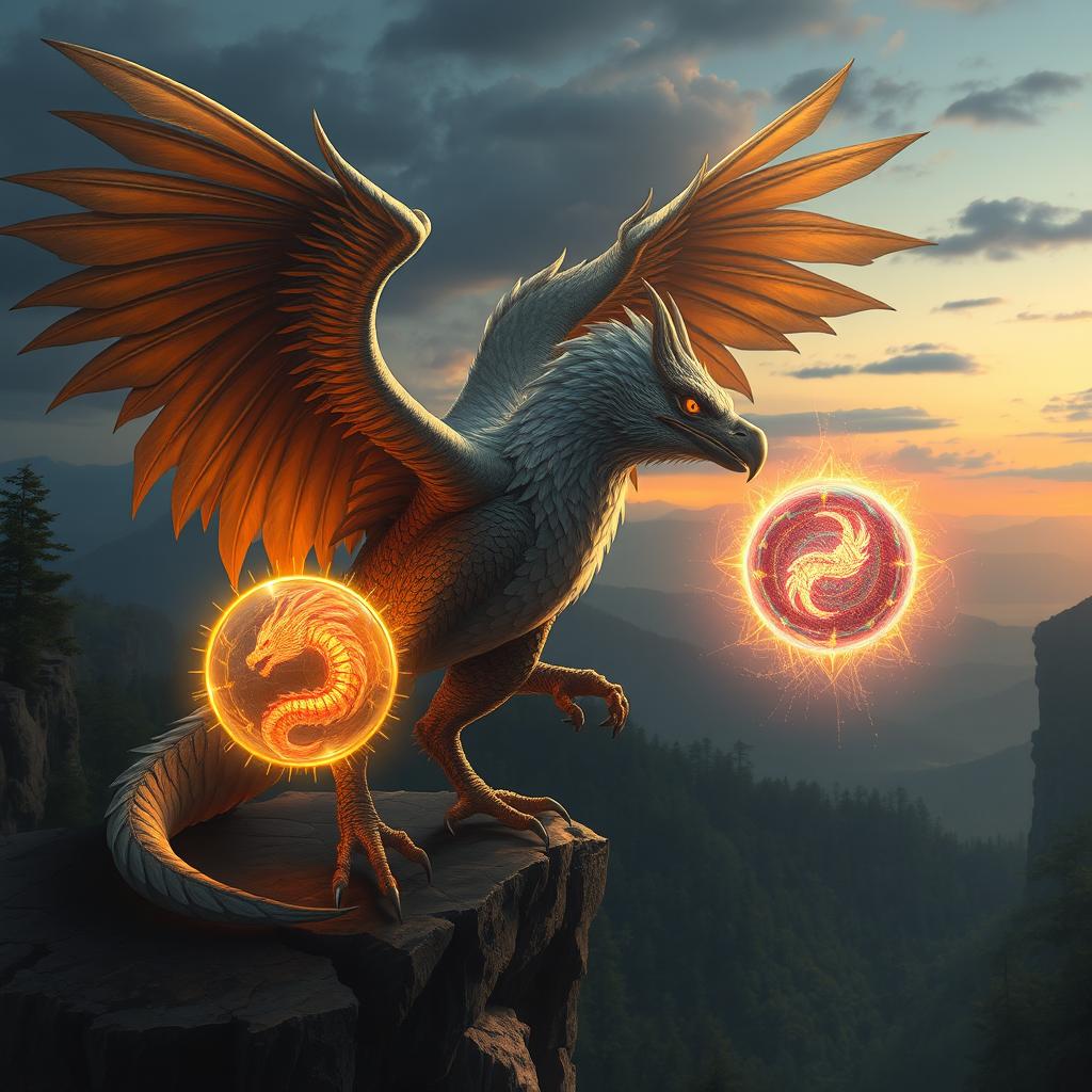A mythical creature that is a fusion of an eagle and a dragon, featuring majestic wings that combine the feathered elegance of an eagle with the scaly, powerful feel of a dragon