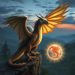 A mythical creature that is a fusion of an eagle and a dragon, featuring majestic wings that combine the feathered elegance of an eagle with the scaly, powerful feel of a dragon