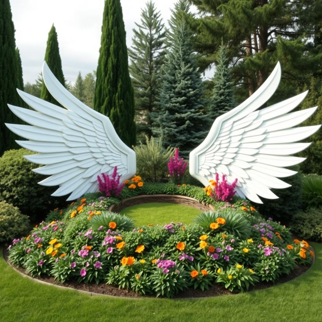 A beautiful and serene landscape design featuring two elegant white wings extending gracefully on either side of a circular area that resembles a cozy nest