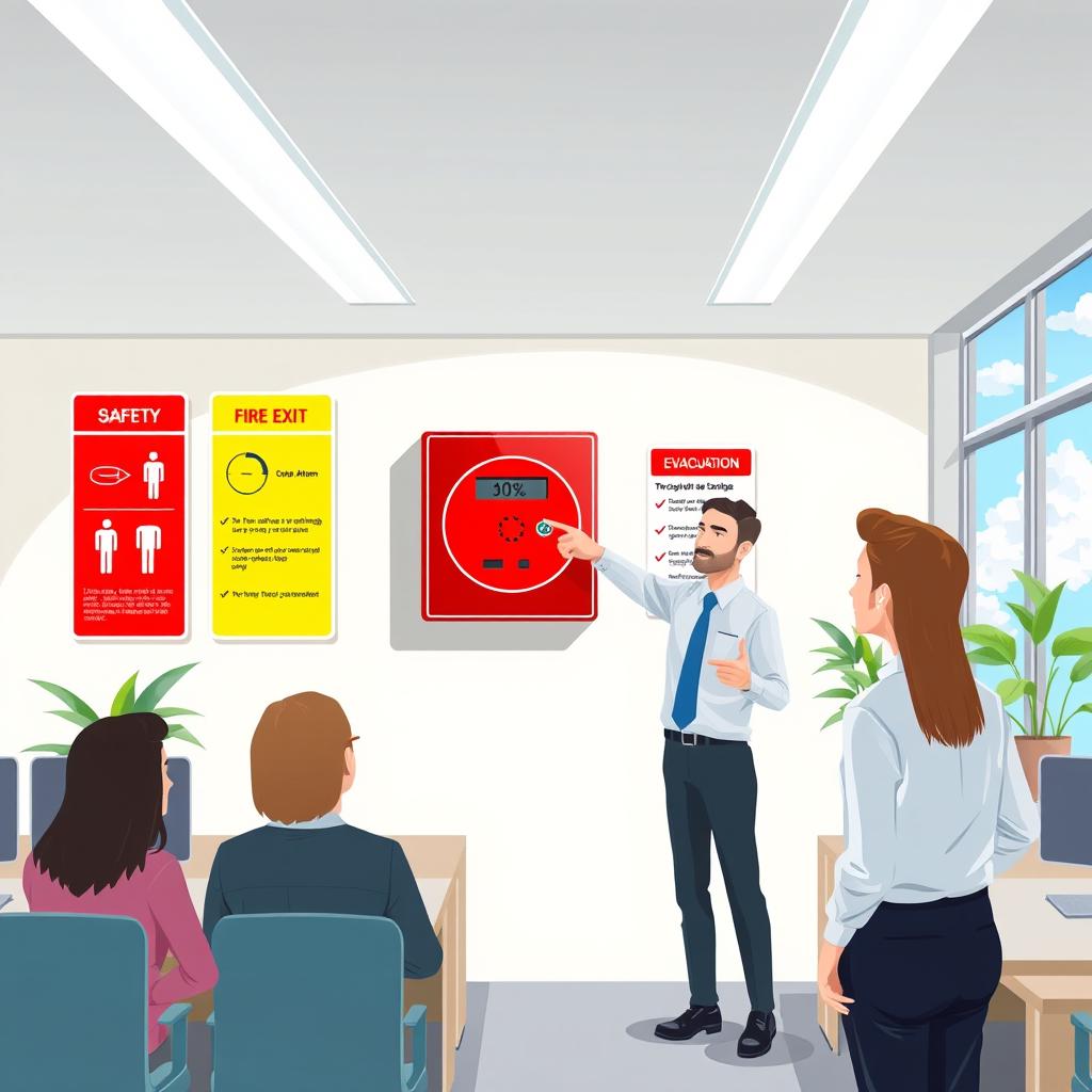 A realistic and informative illustration of a fire alarm safety system in a modern office setting