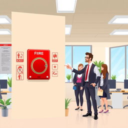 A realistic and informative illustration of a fire alarm safety system in a modern office setting