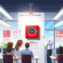 A realistic and informative illustration of a fire alarm safety system in a modern office setting
