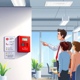 A realistic and informative illustration of a fire alarm safety system in a modern office setting