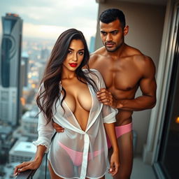 A full-length intimate photo shoot featuring a stunning 22-year-old Arab woman in a transparent white wet shirt paired with pink panties, showcasing her sexy boobs, hot navel, and seductive thighs