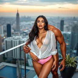 A full-length intimate photo shoot featuring a stunning 22-year-old Arab woman in a transparent white wet shirt paired with pink panties, showcasing her sexy boobs, hot navel, and seductive thighs