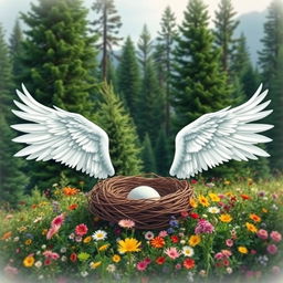 A beautifully designed image featuring two elegant white wings extending symmetrically on either side of a circular area that resembles a nest