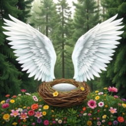 A beautifully designed image featuring two elegant white wings extending symmetrically on either side of a circular area that resembles a nest