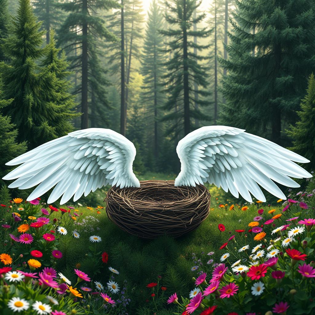 A beautifully designed image featuring two elegant white wings extending symmetrically on either side of a circular area that resembles a nest